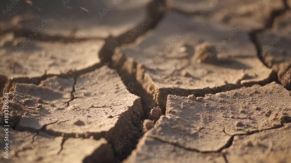 Extreme close-up of parched, cracked earth in a dry desert landscape ...