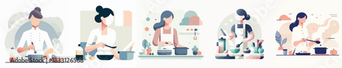 Cute Woman Cooking Vector Illustration