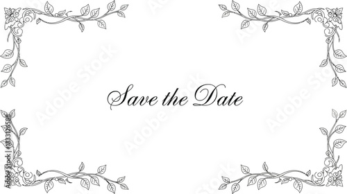 Elegant save the date card with floral corner accents on a white background