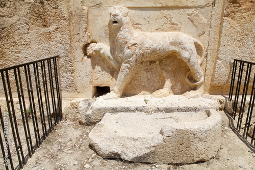 Lion sculpture at the Qasr Al-Abd, a large Hellenistic palace close to the village of Iraq Al-Amir, Jordan