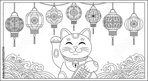 Maneki Neko Lucky Cat Vector Line Art with Traditional Chinese Lanterns Hanging Above, Featuring Japanese Waves and Asian Cultural Ornaments, Ideal for Adult Coloring Pages