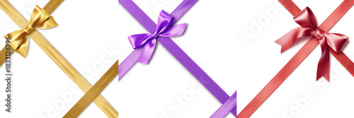 A trio of satin ribbons showcasing gold purple and red bows against a clean white backdrop elegantly displayed