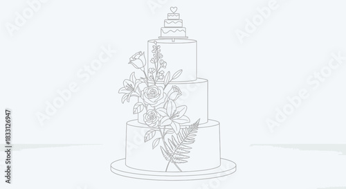 Elegant wedding cake line art with floral decorations on a white background