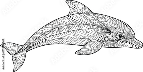 Detailed Dolphin Vector Illustration in Zentangle Style, Hand-Drawn with Intricate Patterns and Geometric Designs, Ideal for Adult Coloring Pages, Mindfulness, and Marine Life Graphics