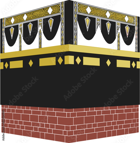 The Holy Kaaba Vector Illustration in Mecca, Saudi Arabia, Depicting the Sacred Cube Building with Gold and Black Kiswah Cloth and Brick Base, Central to Islamic Worship and Hajj Pilgrimage