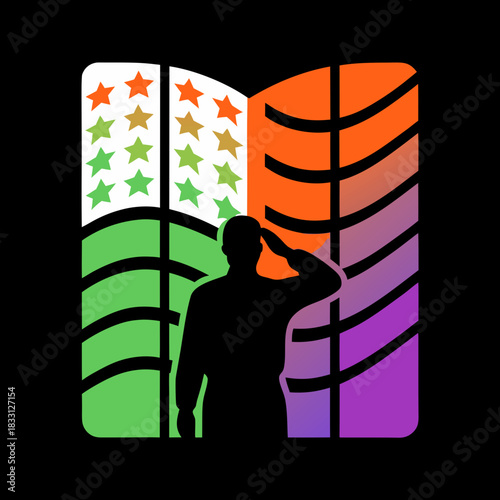 Silhouette saluting veteran against abstract flag vector