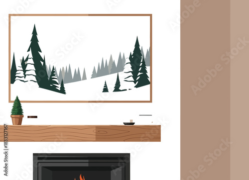 Cozy fireplace with winter landscape art and warm drinks in a minimalist setting
