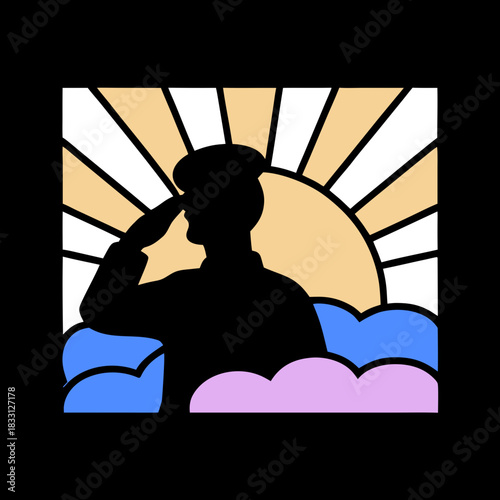 Silhouette soldier saluting at sunrise with abstract clouds