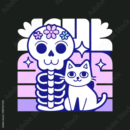 Skeleton with cat companion and flowers on black background