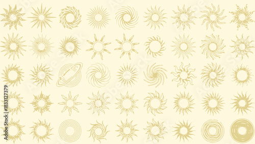 A collection of various golden sunburst and starburst vector designs, featuring intricate circular patterns and radiating lines.