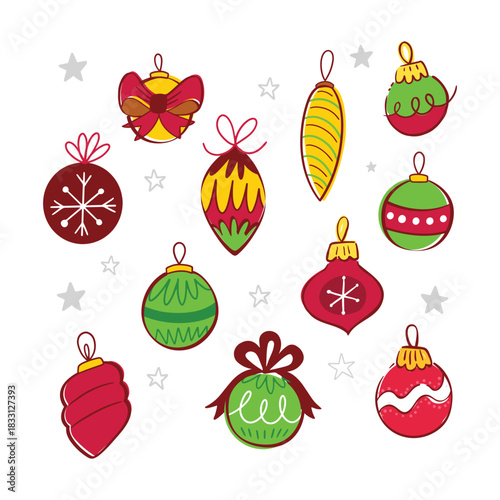 Set of assorted colorful Christmas tree ornaments and baubles—round, teardrop and patterned shapes—playful flat-style icons for holiday craft and card designs.