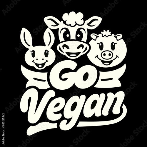 Smiling cow pig and rabbit with go vegan text happy