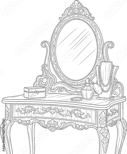 Ornate dressing table with mirror and jewelry in a detailed line art drawing