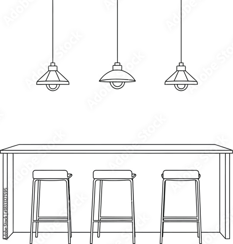 Minimalist line drawing of a kitchen island with stools and pendant lighting