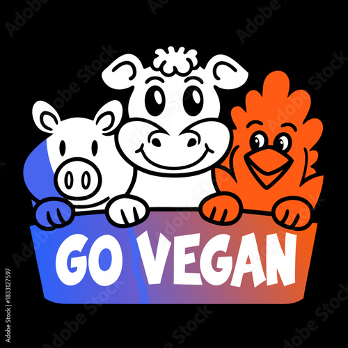 Smiling pig cow and chicken with go vegan text friendly