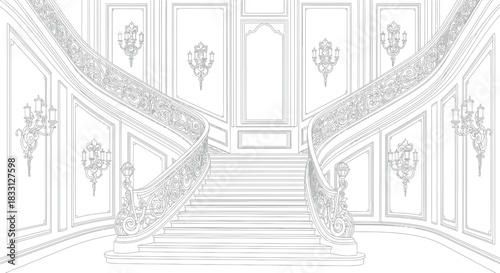 Elegant staircase with ornate railings and wall sconces in a grand foyer design