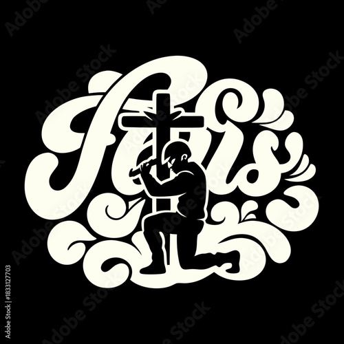 Soldier kneeling before cross in stylized lettering