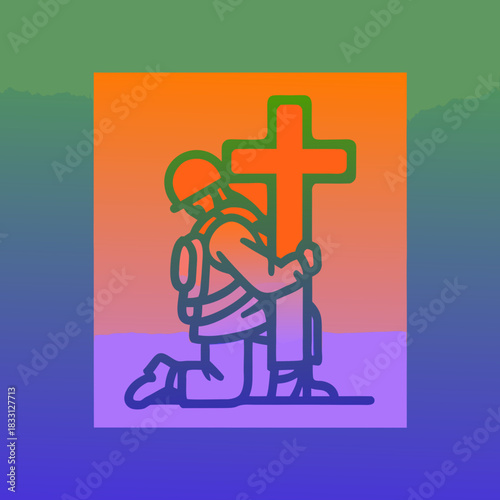 Soldier kneeling embracing orange cross vector praying