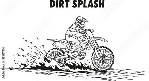 Motorcross rider creating a dirt splash in black and white line art design