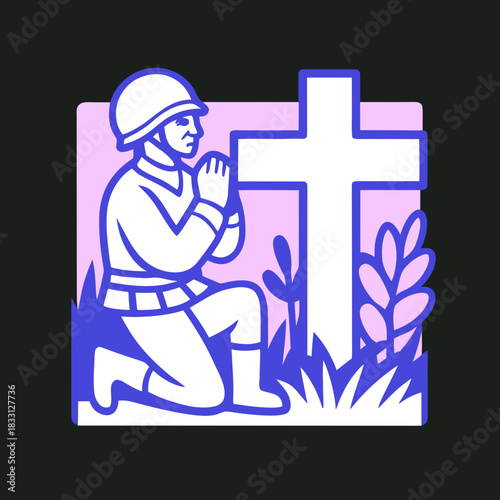 Soldier kneeling praying before white cross vector
