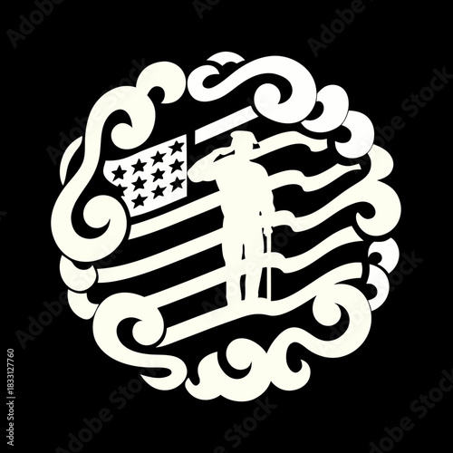 Soldier saluting american flag stencil graphic design