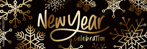 New Year Celebration Golden Snowflake Banner for holiday promotions, invitations, and seasonal graphics.