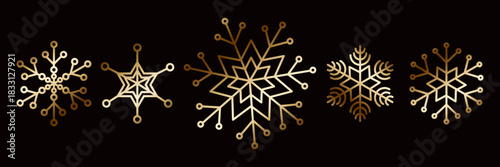 Elegant Gold Snowflakes on Dark Background for winter themes, holiday graphics, banners, and festive decorative designs.