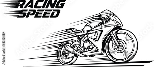 Fast motorcycle racing with speed lines in black and white vector illustration
