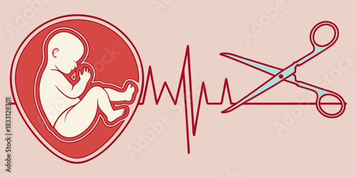 Abortion Concept with Fetus, Heartbeat, and Scissors