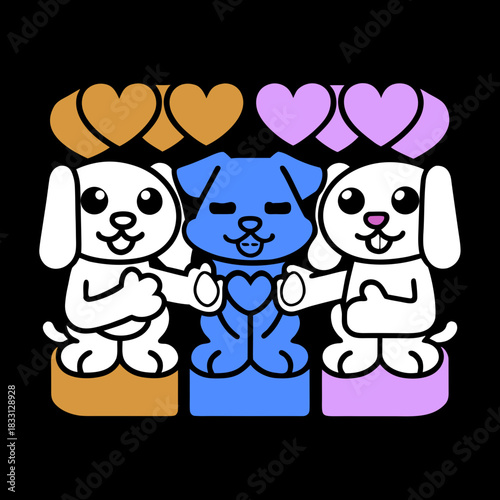 Three cartoon dogs holding a heart with hearts above