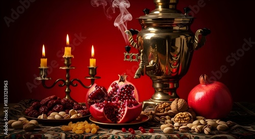 yalda night decoration background, with samavar pomegranate candle nuts Iranian traditional culture