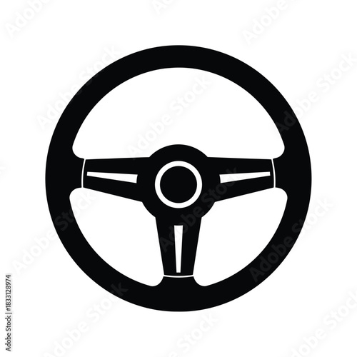 Black silhouette of a car steering wheel on white background