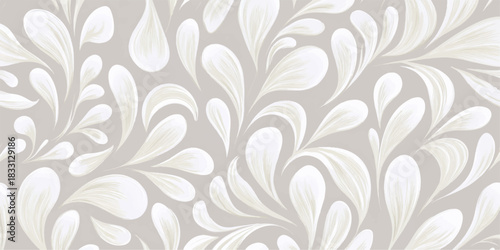 Softly falling petals and leaves seamless pattern in muted earth tones on grey background