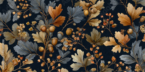 Dark autumn forest pattern with oak leaves acorns and berries in warm earthy tones
