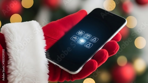 Santa's gloved hand holds a smartphone displaying christmas icons against a festive bokeh background perfect for holiday promotions and digital marketing use
