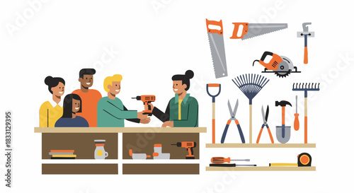 Community tool sharing and diverse collection of hand and power tools.