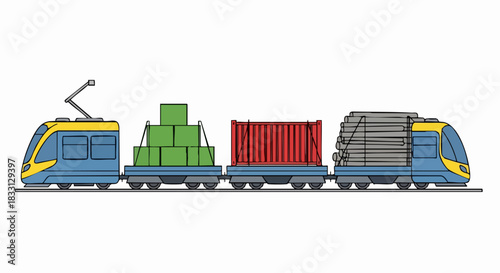 Freight train carrying various cargo containers and goods on railway tracks.