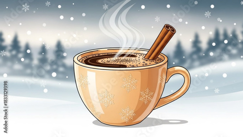 A steaming cup of hot chocolate with a cinnamon stick and snowflake decorations sits in a snowy winter landscape with falling snowflakes and blurred pine trees in the background