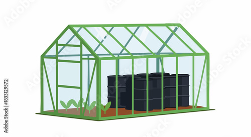 greenhouse with black barrels for gardening.