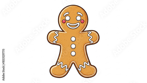 A cheerful cartoon gingerbread man cookie with white icing trim and red cheeks isolated on a white background perfect for holiday designs and baking themes