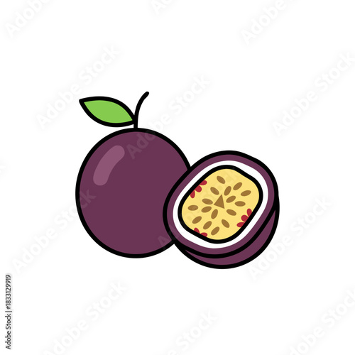 Whole and halved passion fruit with visible seeds and pulp isolated on black background in minimalist flat vector art sticker style with a green leaf and purple skin