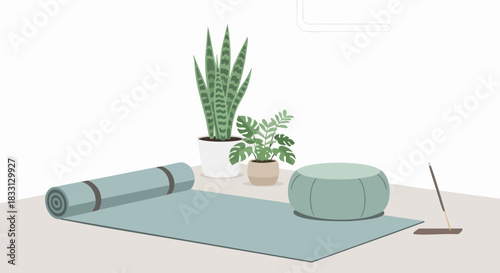 Yoga and meditation setup with mat cushion and plants for relaxation.
