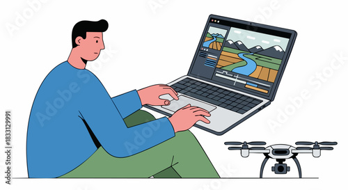 Person editing video footage from drone, using laptop, video editing.