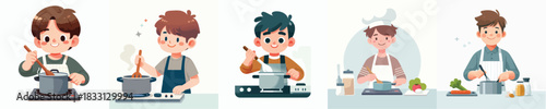 Cute Handsome Boy Cooking Vector Illustration