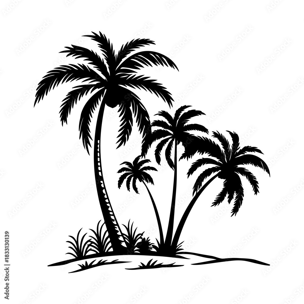 Obraz premium Tropical Summer Beach Vacation Surf Scene Palm Trees Ocean Wave Vintage Vector Design
