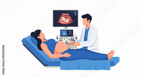 Pregnant woman undergoing ultrasound scan with doctor.