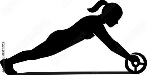Silhouette of an abdominal wheel roller with athlete using it. Fitness, workout, core, exercise, gym