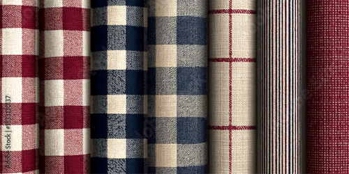 Vertical close up of rolled fabric swatches featuring plaid gingham and striped patterns in red blue and tan