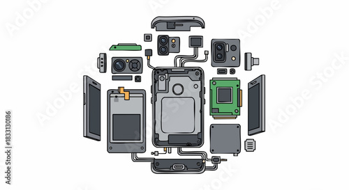 Disassembled smartphone parts revealing internal electronic components.