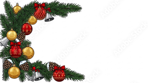 Festive christmas corner decoration with evergreen branches red and gold baubles pine cones silver bells and red bows on a white background